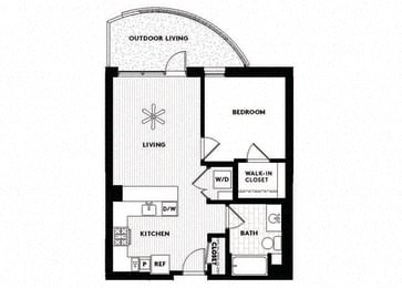 Floor plan for 1 bed, 1 bath, 675 sqft